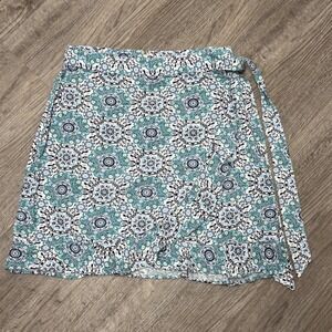 LOFT Medallion Print Linen Blend Wrap Ruffle Mini Skirt Blue Teal Size 6